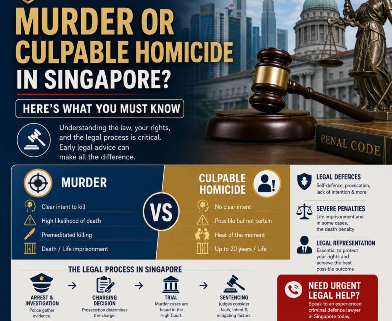Infographic comparing murder and culpable homicide charges in Singapore, including legal differences, penalties, and the criminal process