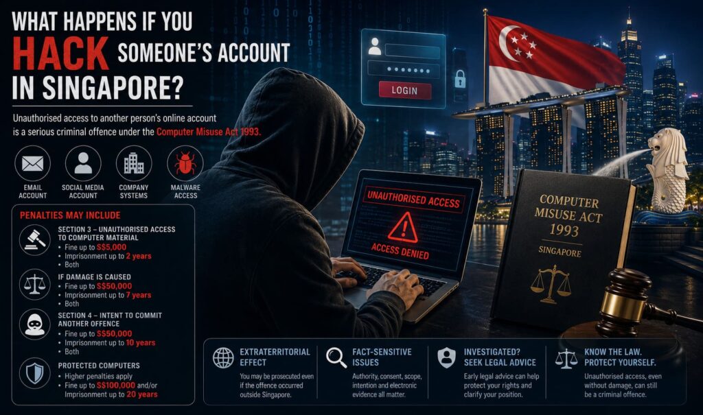 Cybersecurity illustration showing unauthorised access to an online account in Singapore under the Computer Misuse Act 1993