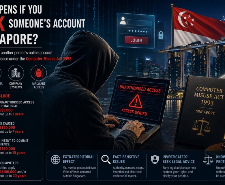 Cybersecurity illustration showing unauthorised access to an online account in Singapore under the Computer Misuse Act 1993