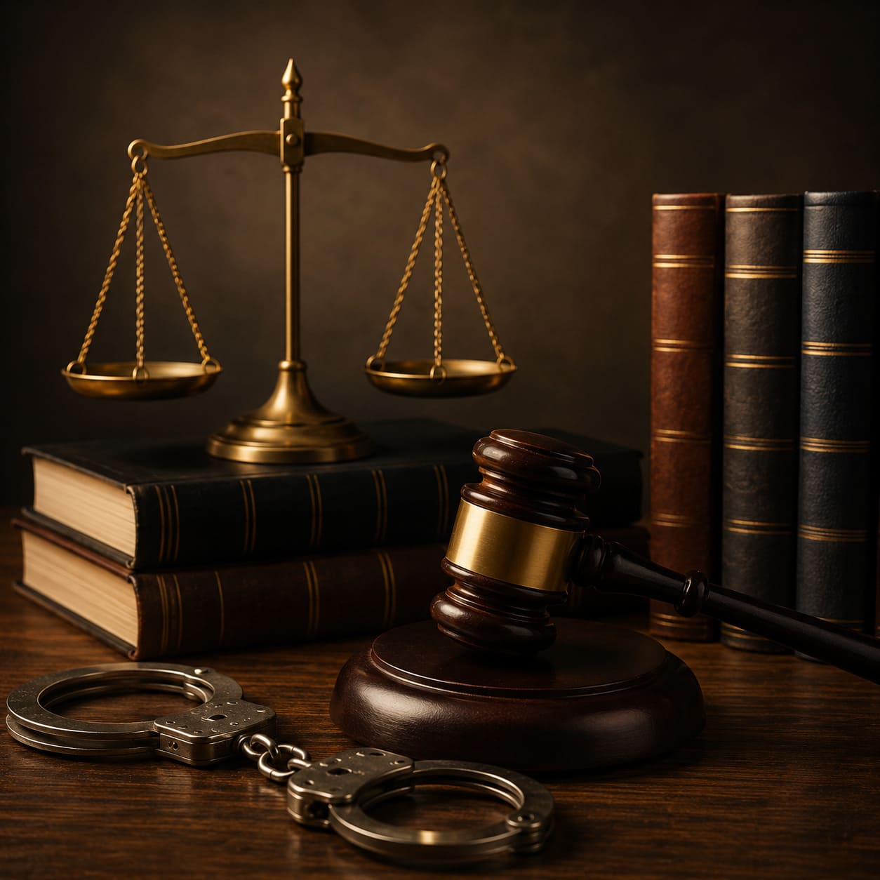 Judge’s gavel, scales of justice, law books and handcuffs on a dark wooden desk.