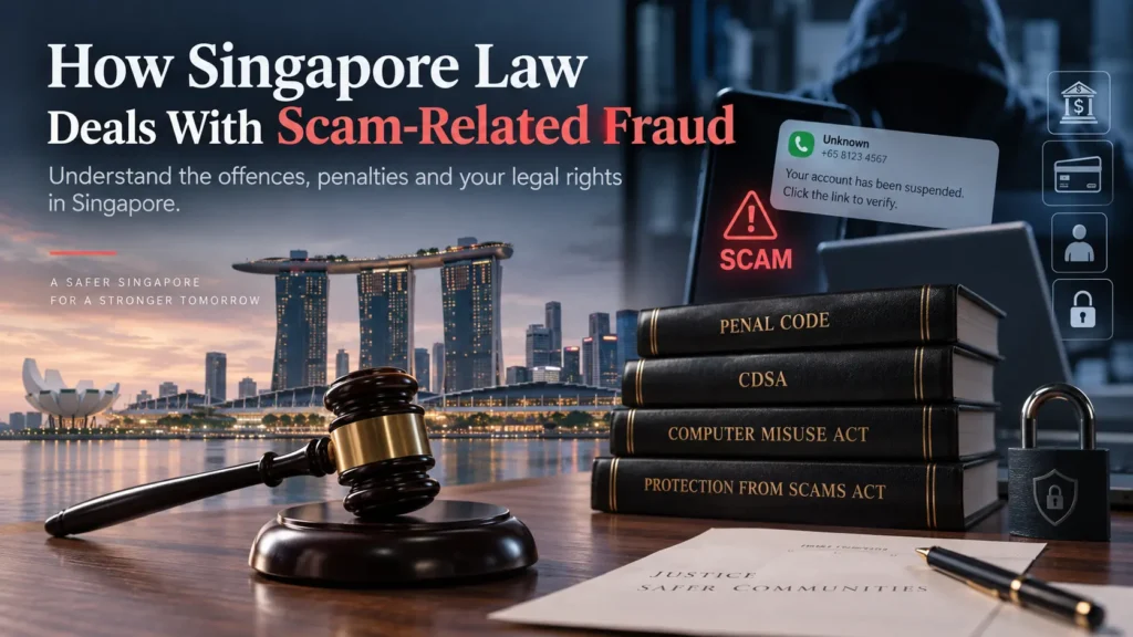 Singapore skyline with a gavel, law books and a mobile phone displaying a scam alert, illustrating scam-related fraud laws in Singapore