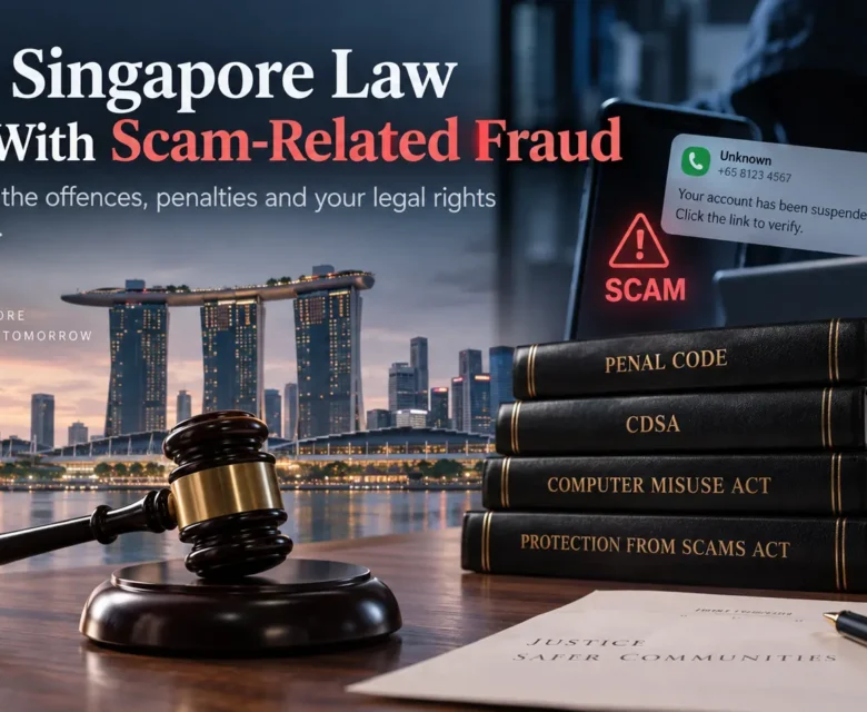 Singapore skyline with a gavel, law books and a mobile phone displaying a scam alert, illustrating scam-related fraud laws in Singapore