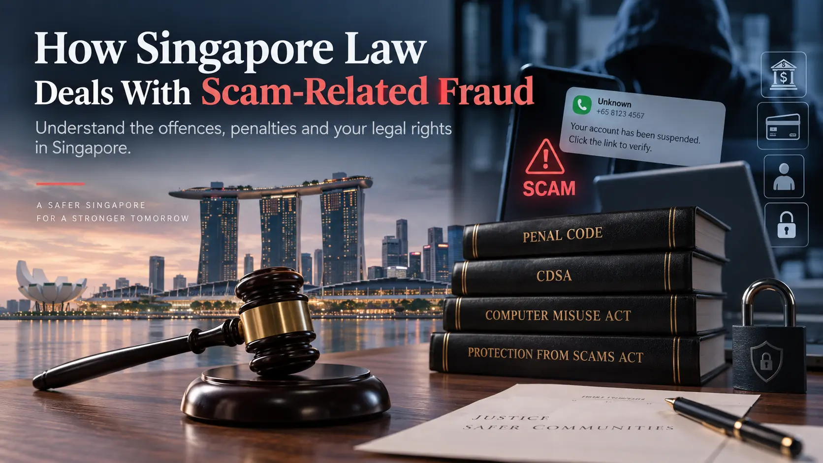 Singapore skyline with a gavel, law books and a mobile phone displaying a scam alert, illustrating scam-related fraud laws in Singapore